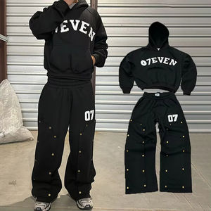 Sudadera bordada con logotipo personalizado, chándales de algodón con capucha, pantalones de chándal holgados de gran tamaño con botones a presión y Sudadera con capucha - Product Image 1