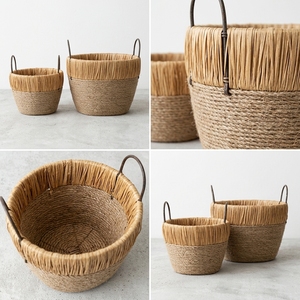Ensemble de paniers en jonc de mer naturel et écorce de bananier avec cadre en fer, bord festonné, poignée arquée, pour bols, pots et jardinières, décoration artistique pure pour la maison - Product Image 3