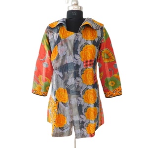 Chaqueta Kantha de algodón Vintage para mujer, abrigo de fiesta transpirable con estampado Floral de bloque de mano indio acolchado para invierno, corto Floral - Product Image 1