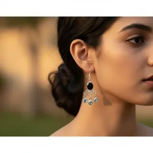 Boucles d'oreilles pendantes en argent 925 avec zircon bleu et onyx noir serti clos, design goutte d'eau, pour femme, style bohème, usage quotidien - Product Image 3