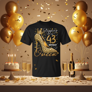 Camiseta con diseño de tacones altos para el 43º cumpleaños, color negro, unisex, cuello redondo, manga corta - Product Image 3