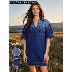 Vestido Vaquero para Mujer Paola Riboni, Cuello en V, Manga Corta, Corte Holgado en A, con Bolsillos, Largo Maxi, Color Sólido, Estilo Casual - Product Image 4