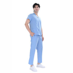 Ensemble de blouses médicales unisexes bleues en tissu TR extensible à manches courtes, avec logo personnalisé, style OEM, pour infirmières musulmanes - Product Image 2
