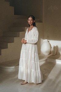 Women's <b>Plus</b> <b>Size</b> <b>Kaftan</b> Cocktail <b>Dresses</b> Floor-Length V-Neck Long Sleeve Loose Sashes Solid Cotton Fabric Beach Occasion - Product Image 2