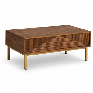Brown Rectangular Wood Coffee <b>Table</b> with Sliding <b>Bamboo</b> Panel Modern Living Room Furniture - Product Image 1