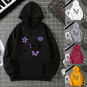 เสื้อกันหนาวผู้หญิงมีฮู้ดฮาราจูกุทรงหลวมพิมพ์ลายดอกไม้มีฮู้ดอบอุ่นสบายขนแกะเสื้อคอกลมวินเทจฤดูใบไม้ร่วง - Product Image 1