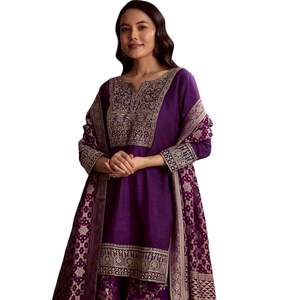 Costume Palazzo en soie Dola violet avec broderie lourde Vente en gros de vêtements ethniques pour femmes OEM Usine de vêtements Fournisseur en vrac personnalisé - Product Image 3