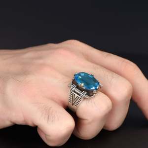 Azuris Custom Logo 925 Sterling <b>Silver</b> Ottoman Style Men's <b>Ring</b> Naturel Black Stone Handmade in Turkey VALKH1513 - Product Image 4