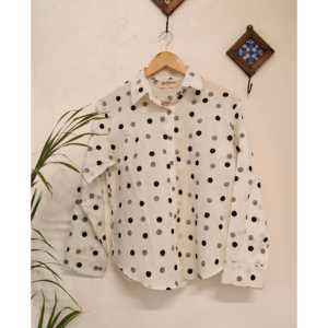 Chemise classique en lin blanc à pois, imprimée à la main, col vintage à nœud, boutonnée, amincissante, pour l'automne, le printemps et l'été - Product Image 4