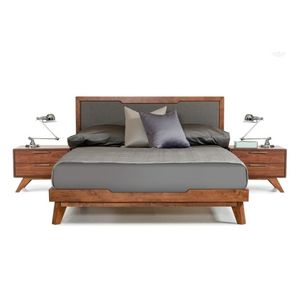 Cama de madera de teca con tela gris tapizada - Product Image 2