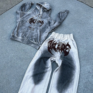 Survêtements en éponge délavés à l'acide pour hommes Survêtement évasé en coton épais avec logo brodé Ensembles de pantalons de survêtement à capuche surdimensionnés - Product Image 1