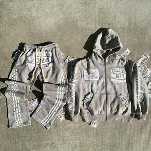 Ensembles de survêtements en coton délavé à l'acide, épais, avec fermeture éclair, appliqué brodé, pantalon de survêtement évasé, sweats à capuche et pantalons de survêtement à rayures - Product Image 1