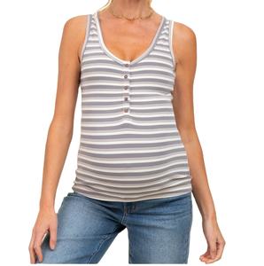 T-shirt de maternité sans manches à rayures, design tendance, de bonne qualité, avec boutons, vêtements de grossesse, été, 100% coton - Product Image 1