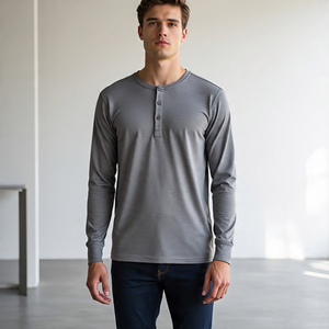 High Quality 100% Cotton <b>Men's</b> Full Sleeve Henley T-<b>Shirt</b> Custom Logo Printed Casual <b>Shirt</b> in 6XL Size - Product Image 3