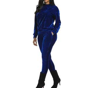 <b>Women</b> 2pcs Velvet Zipper Polyester Tracksuit Rib Waist Velour <b>Lounge</b> Wear Crop Top Jacket and <b>Pant</b> 2 Piece Jogger Set - Product Image 3