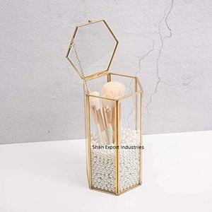 Precios de venta calientes, organizadores de maquillaje Vintage de latón y vidrio, joyería y soporte para brochas de maquillaje cosmético en forma hexagonal - Product Image 5