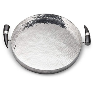 Luxurious Design Serving <b>Tray</b> Round Shape Nickel Plated With Hammering Handmade for Bread Rice & <b>Snacks</b> With Horn Handles <b>Trays</b> - Product Image 1