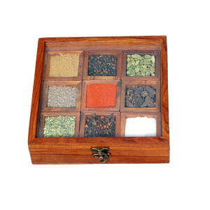 Boîte à épices en bois de grande taille à 6 compartiments, de qualité supérieure, au design moderne, boîte à masala traditionnelle indienne, étanche à l'air, écologique - Product Image 1