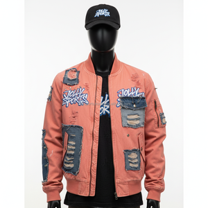 Chaqueta Bomber de alta calidad para hombre, mezcla de algodón con paneles de retazos de mezclilla, chaqueta Bomber con logotipo bordado de estilo desgastado para hombre - Product Image 1