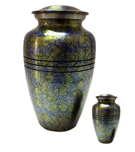 Urne funéraire en laiton/aluminium antique, magnifique, bleu feu doré, pour cendres humaines d'adultes - Product Image 1