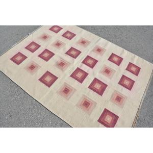 Tapis vintage 4,4 x 6,1 pieds, tapis turc en laine blanc et rose à pois - Product Image 4