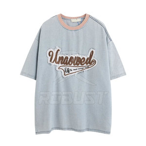 Venta al por mayor suave 100% algodón camiseta térmica desgastado lavado ácido camiseta hombres de gran tamaño apliques bordado camisetas para la venta - Product Image 1