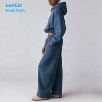 Ensemble de survêtement 2 pièces personnalisé en coton épais surdimensionné pour femmes, sweat-shirt à capuche court en molleton de coton et pantalon de survêtement ample