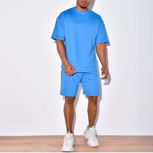 Conjunto informal de 2 piezas para hombre, Camiseta holgada de manga corta y pantalones cortos, conjuntos de cuello redondo, ligero, 100% algodón, entrenamiento, gimnasio, Verano - Product Image 2