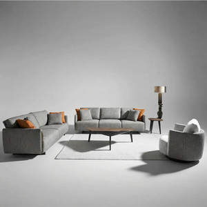 Canapé d'angle moderne de luxe en tissu trois places avec pieds en bois, accoudoirs rembourrés, dossier rigide - Gris inclinable pour salons - Product Image 1