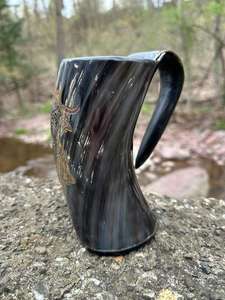 Taza de cuerno hecha a mano de primera calidad, taza ecológica natural rústica, vajilla duradera, perfecta para café, té, whisky, cocina, hogar, - Product Image 4