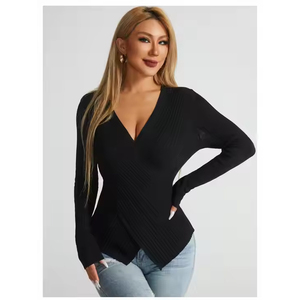 OEM ODM Usine Personnalisé Élégant Automne Hiver Femmes Col V Pull Moulant Couleur Unie Sexy Starlit Tricoté Bouton Décontracté Devant - Product Image 3