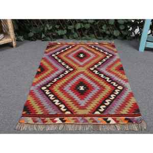 พรมตุรกีขนาดเล็ก, พรมวินเทจขนาด 2x3.3 ฟุต, พรมขนสัตว์ลายทางสีแดง - Product Image 4