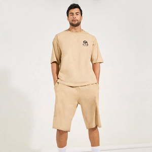 Ensemble short et t-shirt GYM Active pour homme, personnalisable avec logo, en jersey Spandex/Coton, respirant, pour l'été, décontracté, poids lourd, couleur unie, col ras du cou - Product Image 1