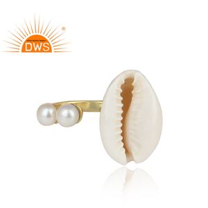 แหวนชุบทอง18K เปลือกหอยมุกคู่ดีไซน์ทำด้วยมือผู้ผลิตเครื่องประดับแบบปรับได้ - Product Image 4