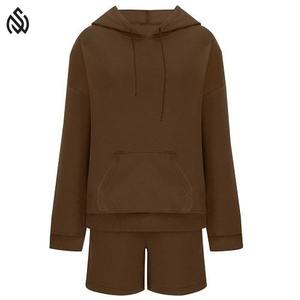 Women's Casual Solid <b>Above</b> Knee Two-Piece Cotton Sweat Shorts and Hoodie Set Breathable - Product Image 2