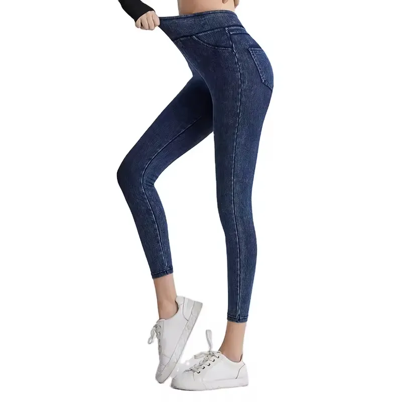 Celana Legging Denim wanita, celana legging Yoga pinggang tinggi regang hangat dengan garis bulu