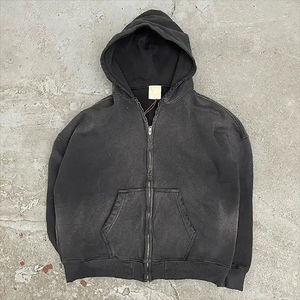 Sweat-shirt streetwear personnalisé sans cordon en molleton uni, coupe ample, fermeture éclair, vintage, double couche, délavé à l'acide, délavé au soleil, effet usé pour hommes - Product Image 6