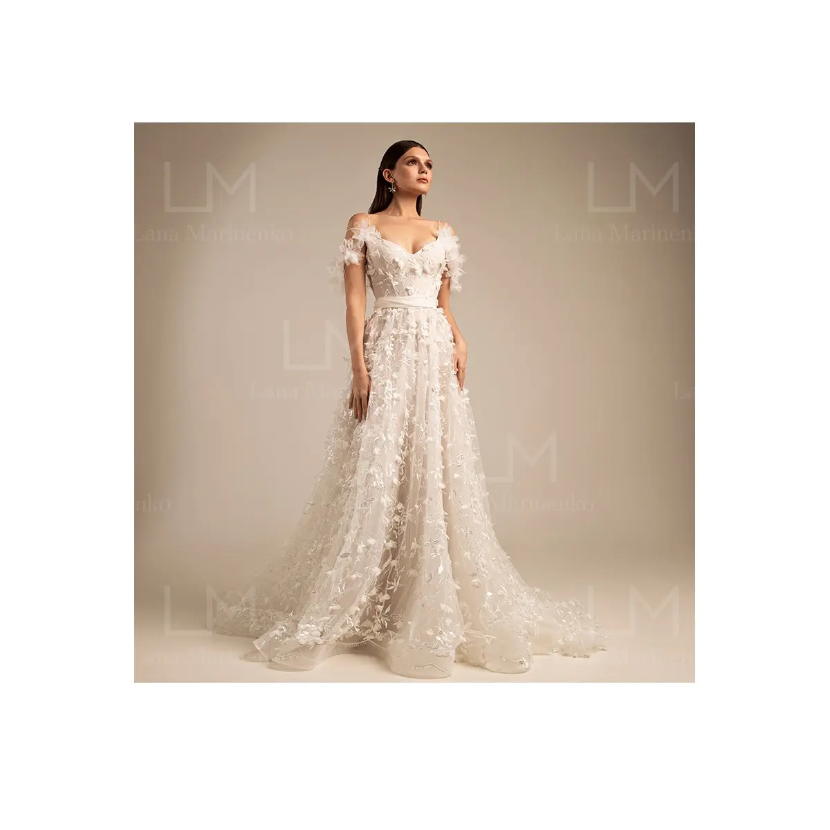 Beautiful flower lace tulle fabric with lace open back A-line "Flora" wedding dress with detachable sleeves and train for bride