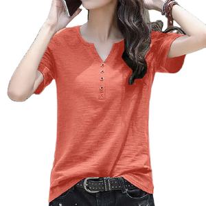 Camisetas Casuales de Algodón para Mujer, Talla Grande, Cuello en V, Manga Corta, con Decoración de Botones, Impresión Digital - Product Image 5