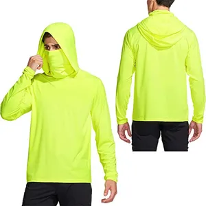 Men's <b>Neon</b> Yellow UPF 50 Long Sleeve Hoodie Pullover Sun Protection Shirt Anti-Chafing Curved Hem Fishing Wear - Product Image 1
