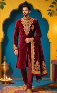 2025@Men's Customized Embroidered Maroon Sherwani, <b>Pant</b> with Stole with Embellished Crystal Glass Beads, Dabka Stone Hand work - Product Image 2