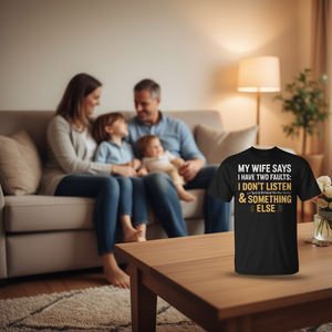 T-shirt con scritta 'La mia moglie dice che ho due difetti' - Regalo promozionale omaggio per marito e padre - Product Image 3