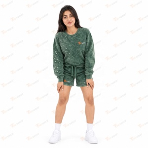 Ensemble 2 pièces pour femme en molleton de coton tie-dye, sweat-shirt et short, col rond, délavé à l'acide, avec strass, coupe classique, décontracté, automne - Product Image 4