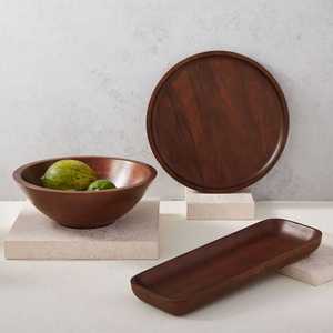 Plateau de service rond en bois d'acacia massif |   Assiette décorative en bois et plateau de table basse - Product Image 3