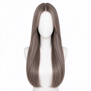 Perruque 100% cheveux humains, longue, brun cendré clair, cheveux raides, avec raie au milieu, pour femmes - Product Image 1