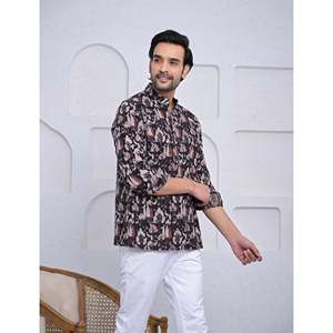 Kurta court en coton imprimé décontracté pour hommes avec manches longues - Product Image 3