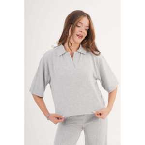 Blusa Gris de Manga Corta para Mujer, Venta al por Mayor, Blusas con Cuello Camisero - Product Image 3