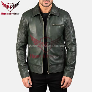Veste en cuir véritable vert pour homme, col rabattable, fermeture éclair, poche poitrine, en peau de mouton, style motard olive, effet vieilli, sur mesure, vêtement d'extérieur hiver - Product Image 4