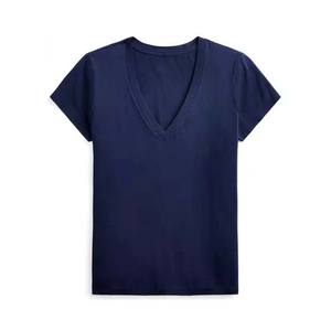 2025 venta al por mayor ropa deportiva casual en blanco cuello en V verano algodón poliéster mujeres camisetas aduana logotipo bordado impresión camisa - Product Image 5