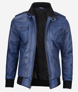 Veste en cuir pour homme, cuir ciré bleu, veste bomber, 2025 - Product Image 6